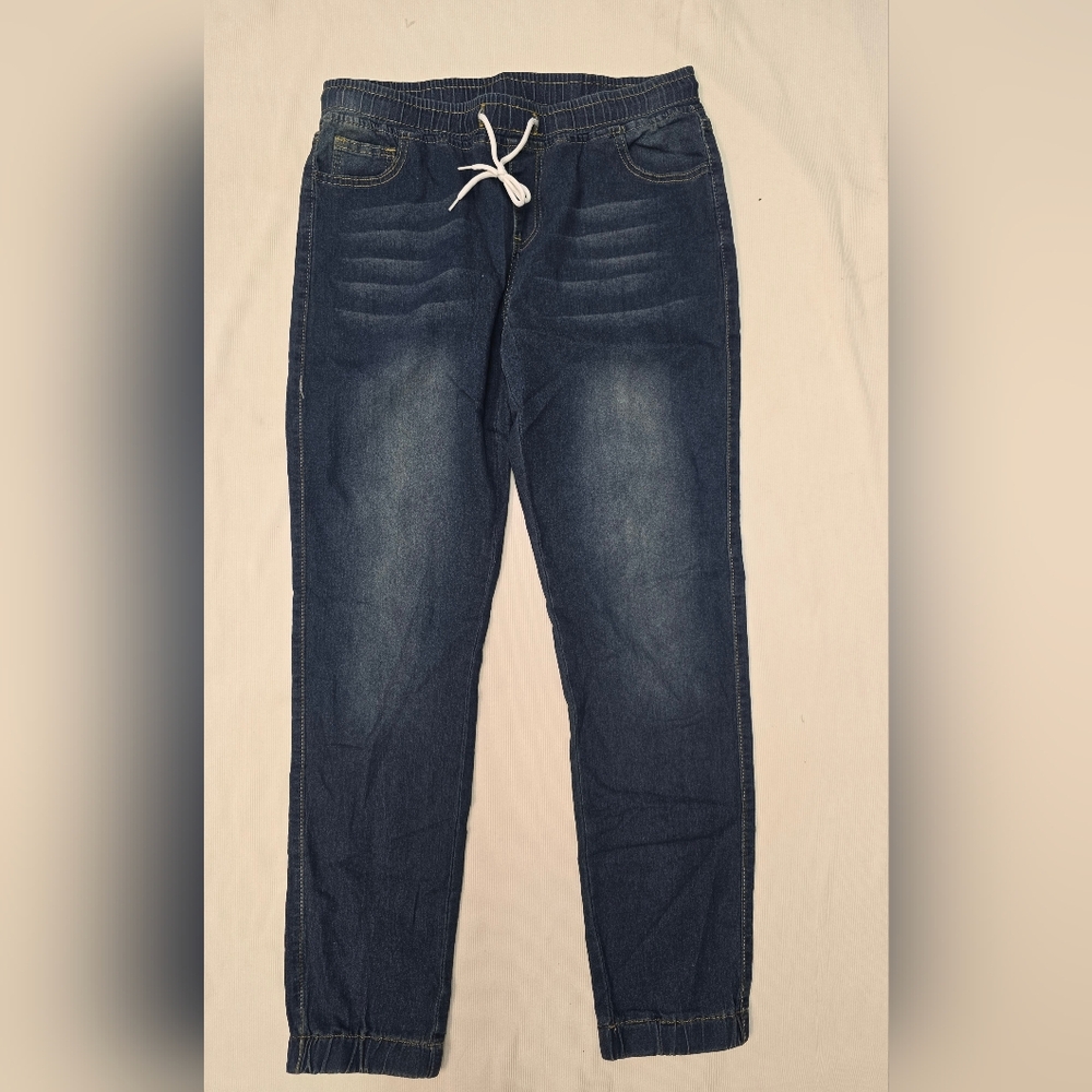 Women's Front Drawstring Elastic Waist Pull On Denim Joggers,Dark Wash- Waist 32